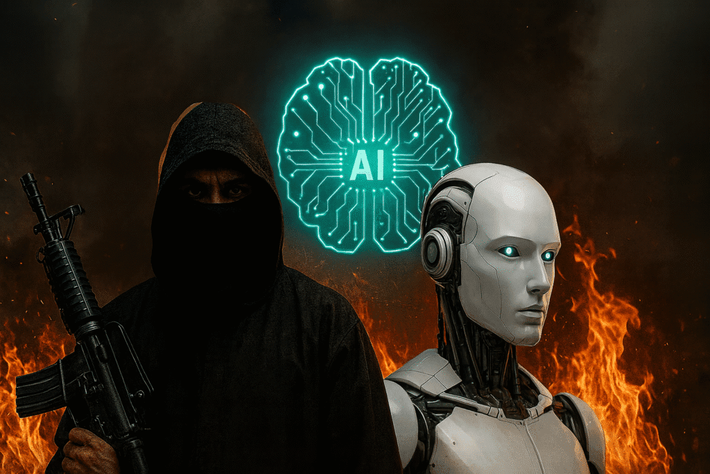 Un combatiente encapuchado con rifle y un robot humanoide frente a un fondo de llamas, con un cerebro digital iluminado con la palabra "AI", representando el uso del Estado Islámico IA para propaganda terrorista y amenazas.