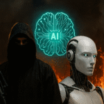 Un combatiente encapuchado con rifle y un robot humanoide frente a un fondo de llamas, con un cerebro digital iluminado con la palabra "AI", representando el uso del Estado Islámico IA para propaganda terrorista y amenazas.