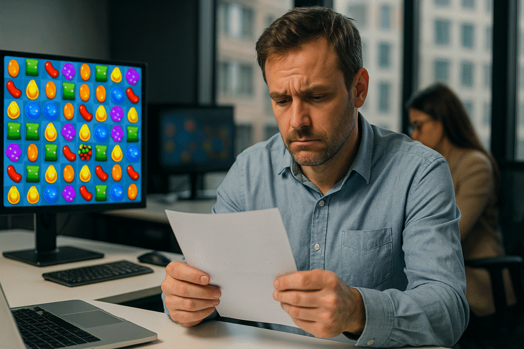 Hombre con expresión preocupada leyendo un documento en su escritorio, mientras en su monitor aparece el juego Candy Crush; representa el impacto de los despidos por inteligencia artificial en la industria de los videojuegos.