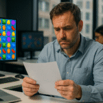 Hombre con expresión preocupada leyendo un documento en su escritorio, mientras en su monitor aparece el juego Candy Crush; representa el impacto de los despidos por inteligencia artificial en la industria de los videojuegos.