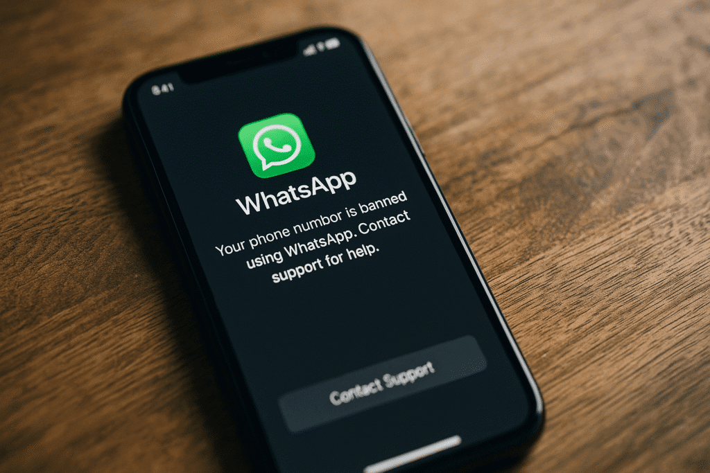 Teléfono móvil iPhone sobre una mesa de madera mostrando en pantalla un mensaje de WhatsApp que indica que el número ha sido bloqueado, con opción para contactar con soporte.