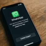 Teléfono móvil iPhone sobre una mesa de madera mostrando en pantalla un mensaje de WhatsApp que indica que el número ha sido bloqueado, con opción para contactar con soporte.
