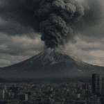 Erupción del Monte Fuji lanzando una enorme columna de ceniza volcánica sobre una ciudad cercana, simulación del impacto de un evento catastrófico.
