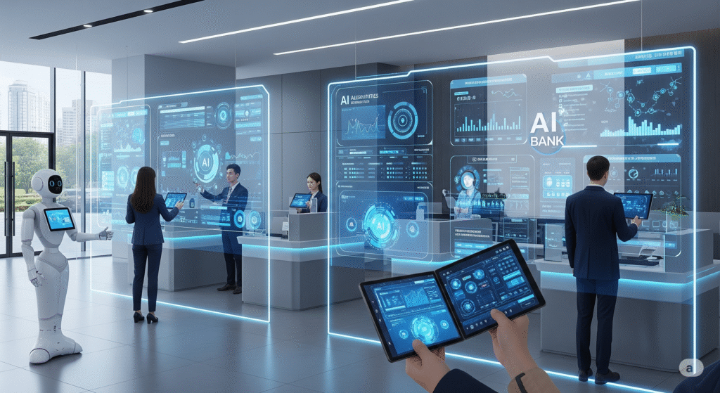 Representación futurista de una sucursal bancaria digital del Banco Santander, con empleados utilizando pantallas holográficas e inteligencia artificial, destacando el uso avanzado de IA en el entorno financiero.