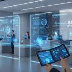 Representación futurista de una sucursal bancaria digital del Banco Santander, con empleados utilizando pantallas holográficas e inteligencia artificial, destacando el uso avanzado de IA en el entorno financiero.