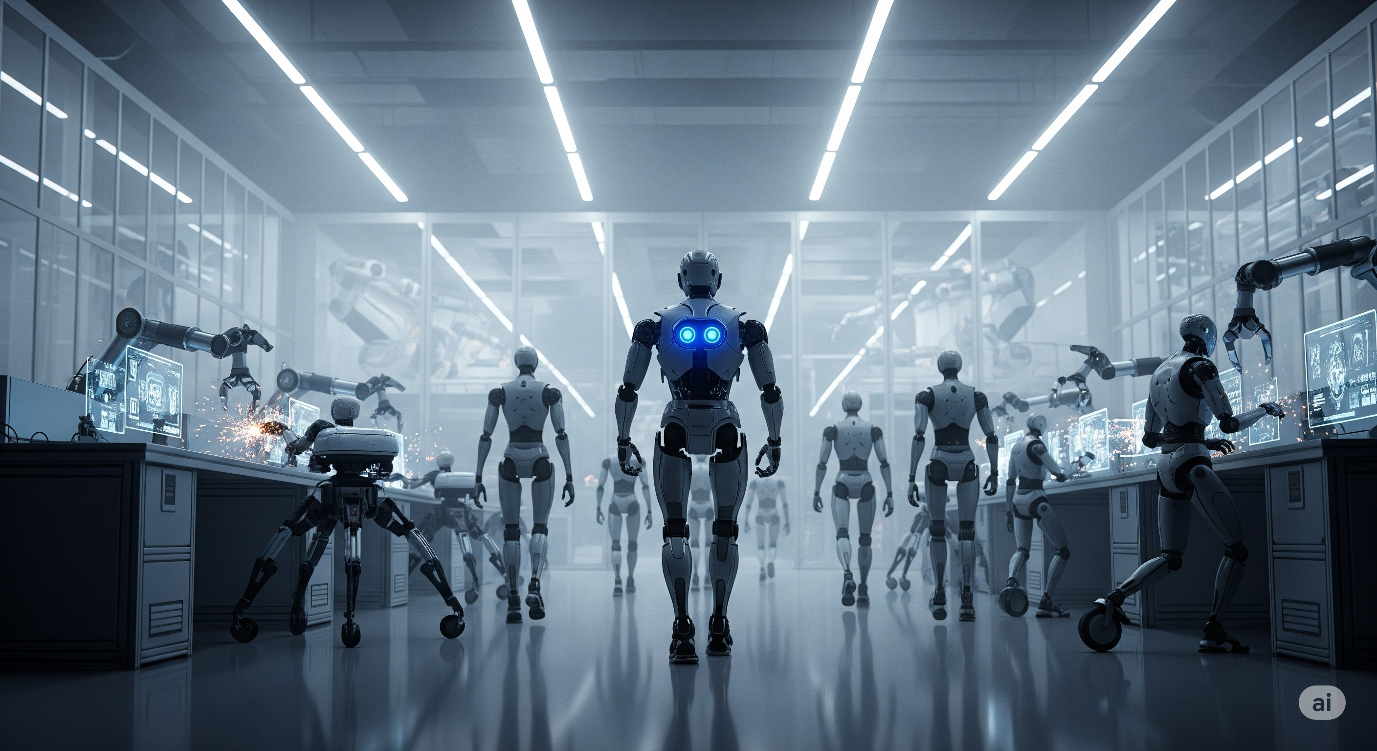 Laboratorio futurista con varios robots humanoides trabajando, mientras uno de ellos, en el centro, parece liderar o influenciar a otros, ilustrando el concepto de "robot convence a otros".