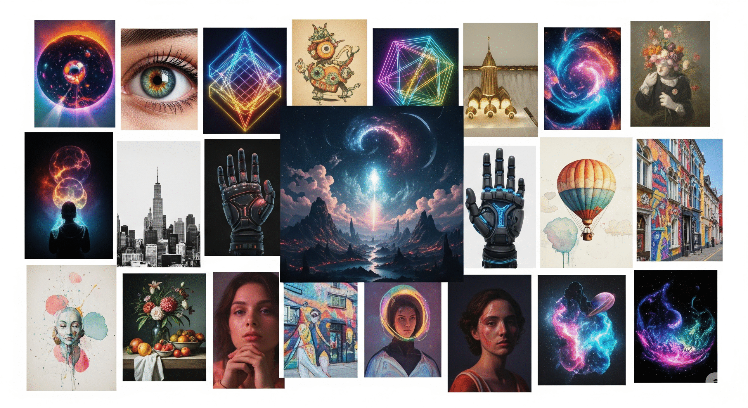 Collage de arte digital generado con inteligencia artificial, mostrando estilos variados como realismo, ilustración y arte abstracto