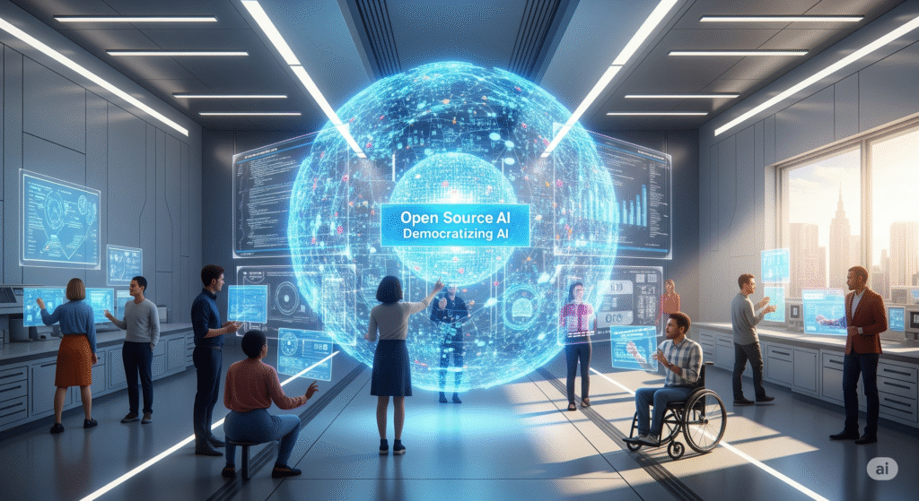 Grupo diverso de personas colaborando en un laboratorio futurista alrededor de un holograma central que destaca el concepto de IA gratuito y descargable de OpenAI, simbolizando la apertura y democratización de la inteligencia artificial.