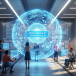 Grupo diverso de personas colaborando en un laboratorio futurista alrededor de un holograma central que destaca el concepto de IA gratuito y descargable de OpenAI, simbolizando la apertura y democratización de la inteligencia artificial.