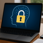 Ilustración en la pantalla de un portátil que muestra la silueta de una cabeza humana con un candado en el cerebro, simbolizando la protección de datos personales frente al entrenamiento de la inteligencia artificial.