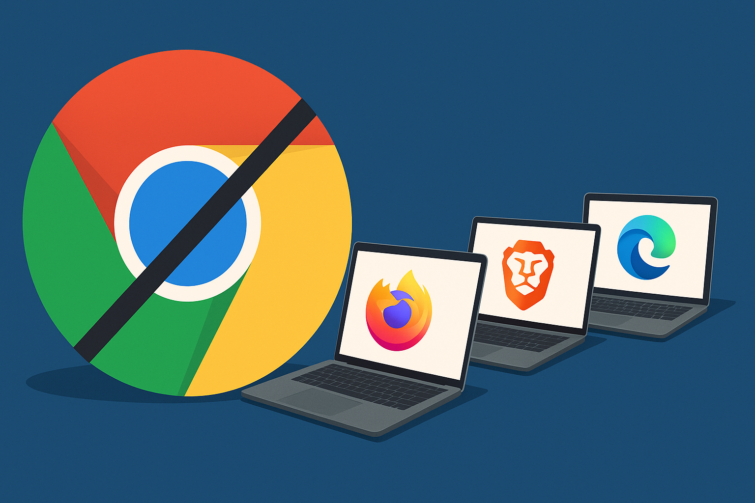 Ilustración con el logo de Google Chrome tachado, junto a tres laptops mostrando los navegadores Firefox, Brave y Microsoft Edge como alternativas a Chrome.