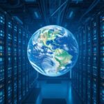 Centro de datos con servidores y cables, reflejo de la Tierra simboliza el consumo energético de la IA.