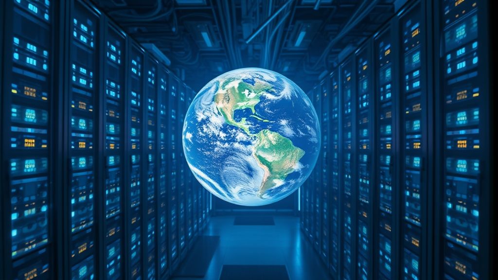 Centro de datos con servidores y cables, reflejo de la Tierra simboliza el consumo energético de la IA.
