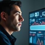 Persona mirando una interfaz futurista que podría ser el nuevo buscador de Google, con IA y análisis de datos.