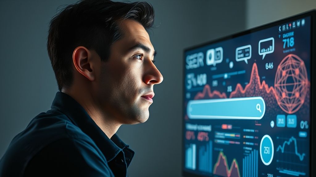 Persona mirando una interfaz futurista que podría ser el nuevo buscador de Google, con IA y análisis de datos.