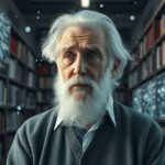 Anciano filósofo IA que no existía, semitransparente y reflexivo, rodeado de código binario en biblioteca moderna.