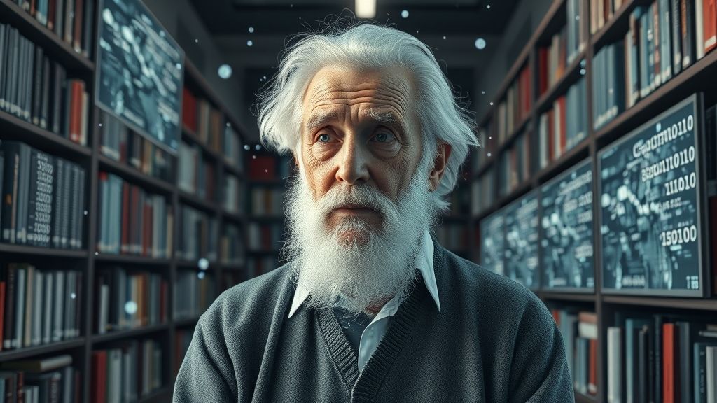 Anciano filósofo IA que no existía, semitransparente y reflexivo, rodeado de código binario en biblioteca moderna.
