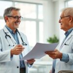 Médico explicando informe médico a paciente. Posiblemente necesiten traducir informes médicos.