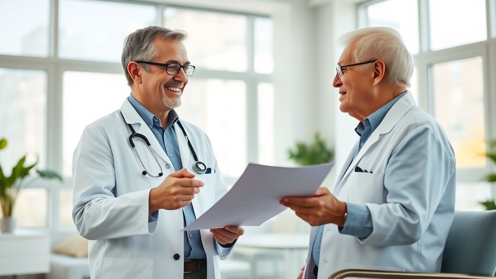 Médico explicando informe médico a paciente. Posiblemente necesiten traducir informes médicos.
