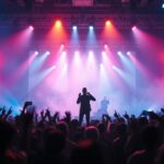 Escenario iluminado en concierto con multitud generada por inteligencia artificial.