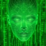 Representación digital de un rostro humano en un entorno de código binario, ilustrando la hipótesis de la simulación y la posibilidad de que la realidad sea un entorno virtual