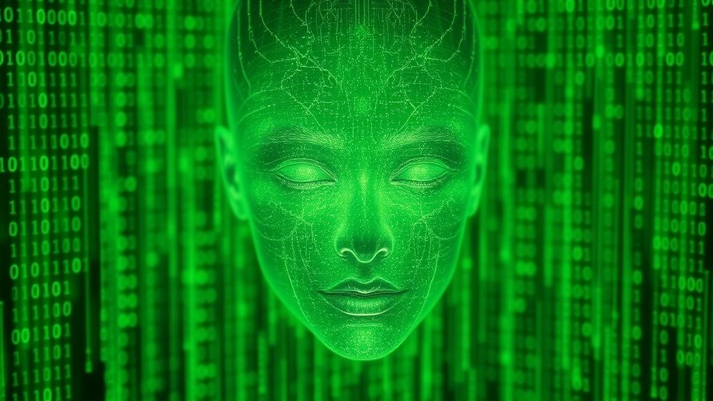 Representación digital de un rostro humano en un entorno de código binario, ilustrando la hipótesis de la simulación y la posibilidad de que la realidad sea un entorno virtual