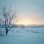 Paisaje nevado invernal con árboles, horizonte iluminado y un sutil brillo futurista, simbolizando el invierno de la ia.