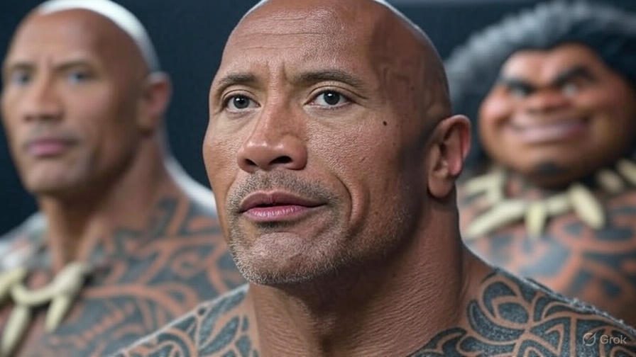 Dwayne Johnson como Maui con rostro IA en Vaiana. Conflicto visual real vs artificial.