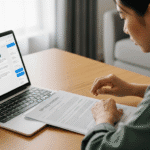 Mujer revisando una petición de divorcio mientras consulta con un asistente de inteligencia artificial en su portátil, ilustrando el uso de IA en decisiones legales personales como el divorcio con inteligencia artificial.