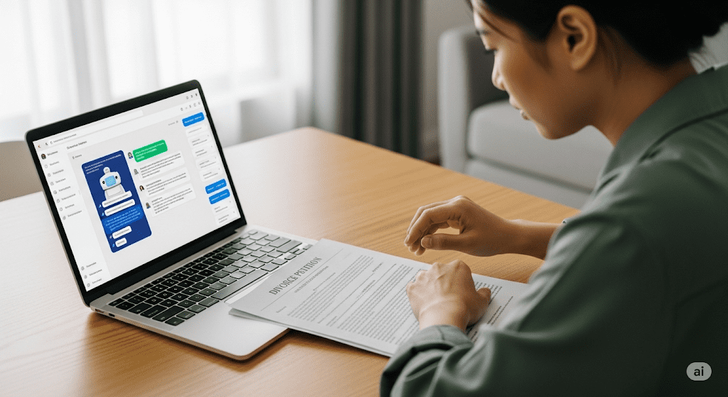 Mujer revisando una petición de divorcio mientras consulta con un asistente de inteligencia artificial en su portátil, ilustrando el uso de IA en decisiones legales personales como el divorcio con inteligencia artificial.