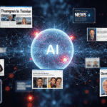 Representación visual de una inteligencia artificial conectada a múltiples medios digitales, con titulares falsos y rostros de figuras públicas, destacando la propagación de desinformación automatizada y el uso ideológico de la IA de Hazte Oír.