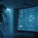 Una imagen fotorrealista de una persona mirando una pantalla de ordenador con una interfaz de IA fría e impersonal.