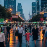 Multitud caminando por una calle iluminada en China, con rostros identificados por un sistema de reconocimiento facial en tiempo real, ilustrando el uso de la tecnología de reconocimiento facial en China.