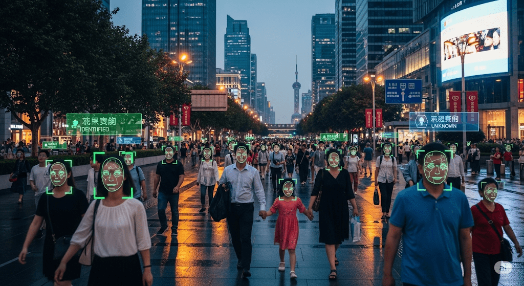 Multitud caminando por una calle iluminada en China, con rostros identificados por un sistema de reconocimiento facial en tiempo real, ilustrando el uso de la tecnología de reconocimiento facial en China.