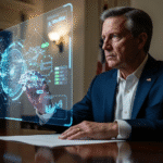Ulf Kristersson interactuando con una interfaz holográfica de inteligencia artificial en una sala gubernamental, ilustrando el uso de IA en política.
