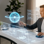 Hombre interactuando con una interfaz holográfica futurista que representa datos digitales y un planeta en 3D, simbolizando la integración entre tecnología e inteligencia humana en los empleos que resistirán a la IA.
