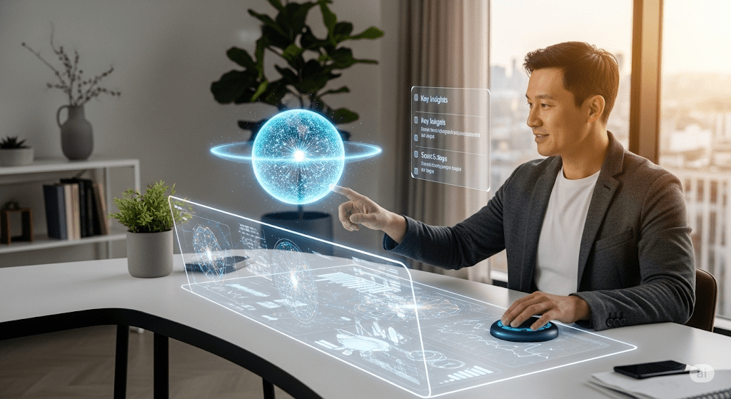 Hombre interactuando con una interfaz holográfica futurista que representa datos digitales y un planeta en 3D, simbolizando la integración entre tecnología e inteligencia humana en los empleos que resistirán a la IA.