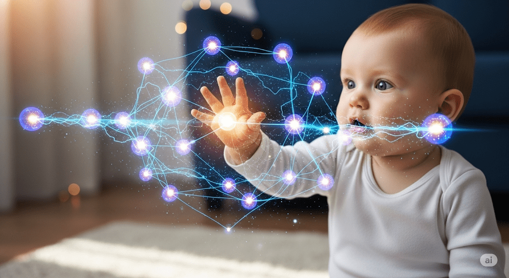 Bebé curioso interactuando con una red neuronal digital brillante, simbolizando el impacto de la inteligencia artificial en decisiones humanas como elegir el nombre de un bebé inteligencia artificial.