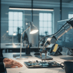 Mujer en oficina observando un brazo robótico ensamblando una placa electrónica, ilustrando el impacto de la inteligencia artificial en el trabajo y la automatización.