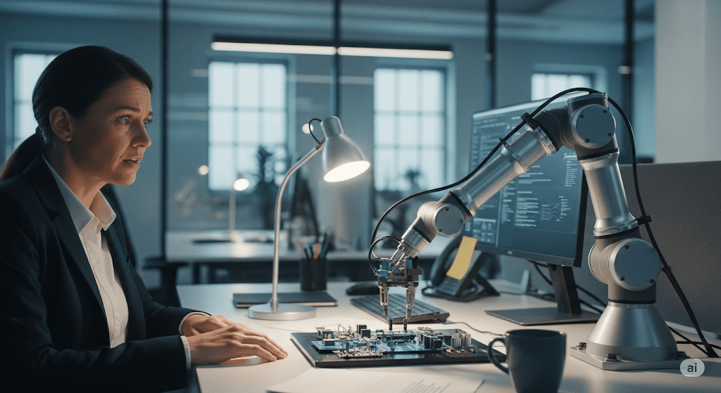 Mujer en oficina observando un brazo robótico ensamblando una placa electrónica, ilustrando el impacto de la inteligencia artificial en el trabajo y la automatización.