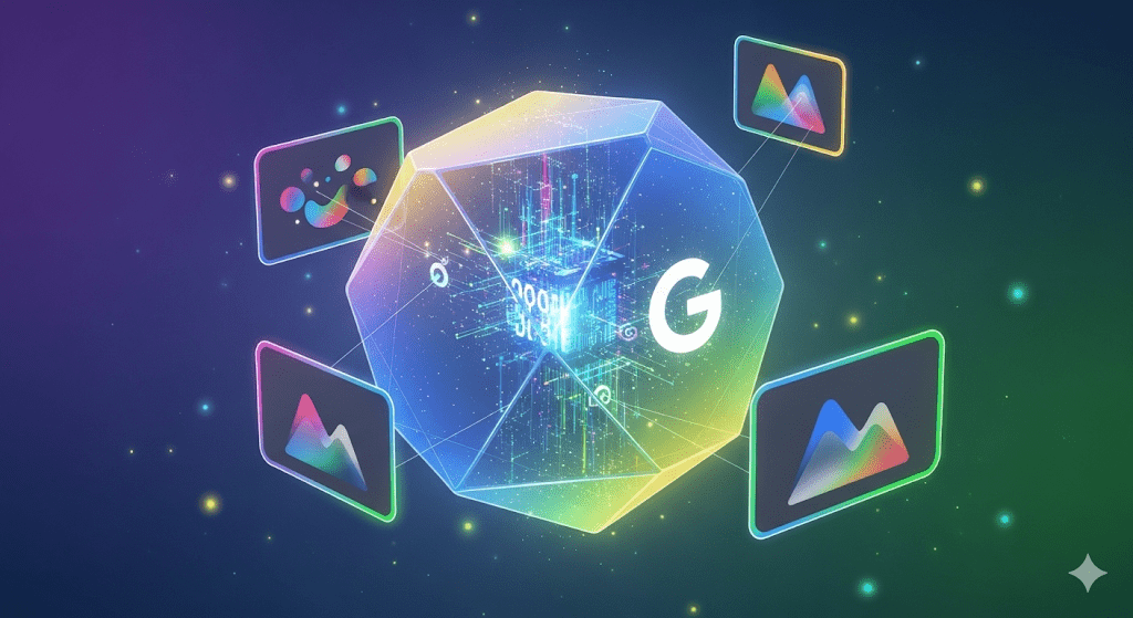 Ilustración conceptual de Gemini 2.5 Flash Image, el modelo de IA de Google para edición y generación de imágenes, mostrando su integración con múltiples plataformas visuales y su potencia creativa.