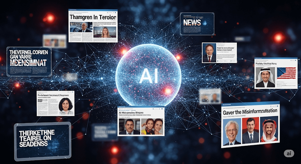 Representación visual de una inteligencia artificial conectada a múltiples medios digitales, con titulares falsos y rostros de figuras públicas, destacando la propagación de desinformación automatizada y el uso ideológico de la IA de Hazte Oír.