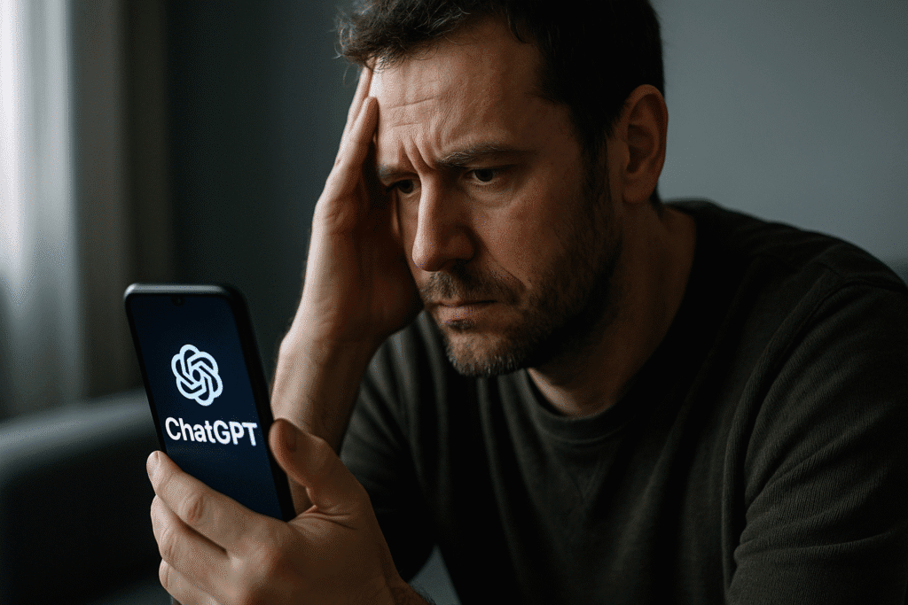 Hombre angustiado observa la pantalla de su móvil con el logo de ChatGPT, reflejando el impacto de la IA en la salud mental y sus posibles consecuencias psicológicas.