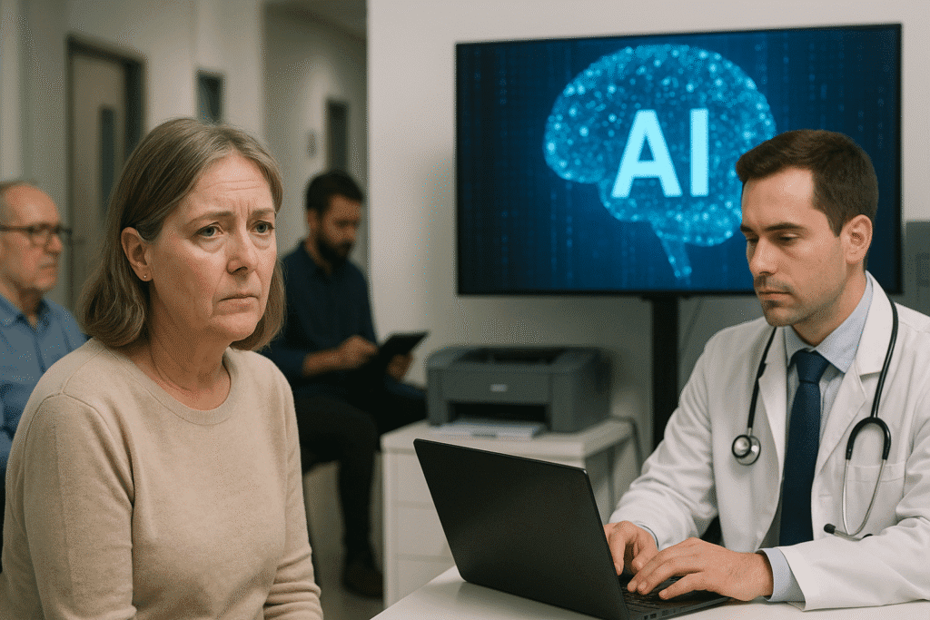 Mujer preocupada en una consulta médica con un doctor que utiliza inteligencia artificial en su ordenador, representando el uso de IA para reducir listas de espera sanidad.