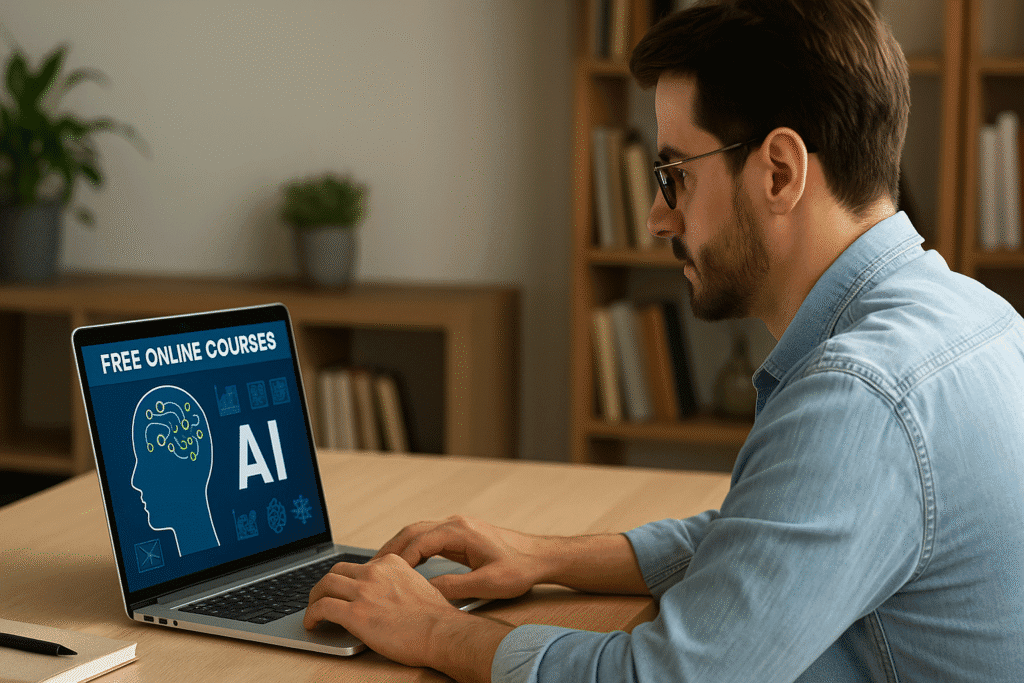 Hombre joven usando una laptop en una biblioteca moderna, con una pantalla que muestra un curso online gratuito sobre inteligencia artificial (IA), destacando oportunidades de formación digital.