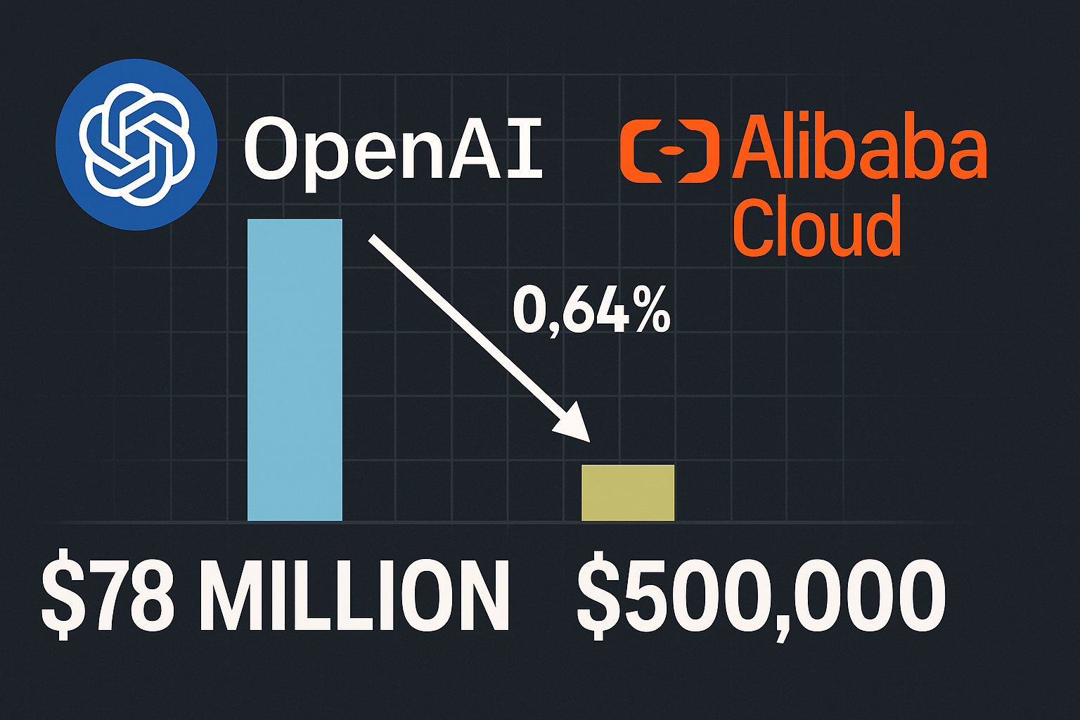 Gráfico comparativo del coste de entrenamiento entre OpenAI y Alibaba Cloud, mostrando que OpenAI invirtió 78 millones de dólares frente a solo 500.000 dólares de Alibaba, destacando una diferencia del 0,64% en inversión para IA eficiente.