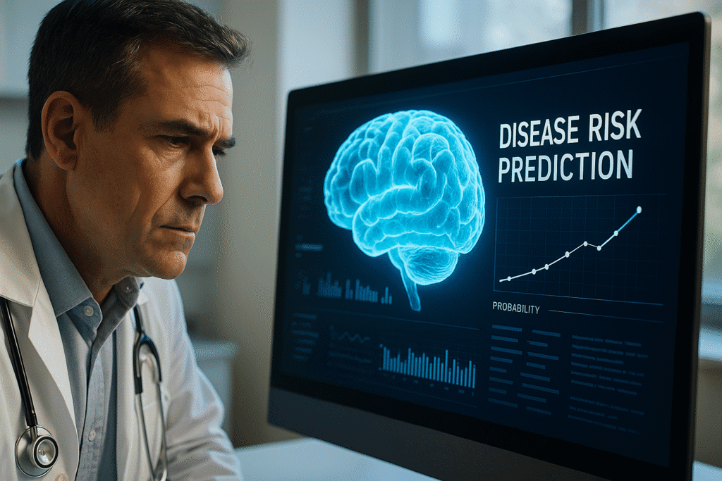 Médico observando una pantalla con una representación cerebral y gráficos que indican predicción de riesgo de enfermedades mediante IA, simbolizando el uso de inteligencia artificial para anticipar problemas de salud.