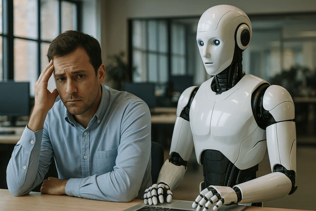 Hombre preocupado junto a un robot humanoide trabajando en una oficina moderna, ilustrando la preocupación por la inteligencia artificial y el futuro del trabajo.