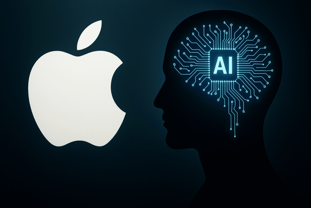 Silueta de cabeza humana con un circuito digital en forma de cerebro que contiene las letras "AI", junto al logotipo de Apple, representando el enfoque de Apple en inteligencia artificial.