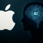 Silueta de cabeza humana con un circuito digital en forma de cerebro que contiene las letras "AI", junto al logotipo de Apple, representando el enfoque de Apple en inteligencia artificial.
